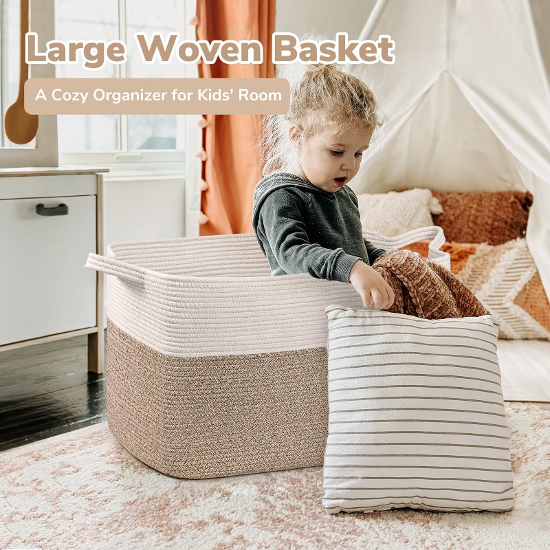 Goodpick Extra Large Woven Blanket Basket, 23.6" x 15.7" x 13.8" Storage Organizer for Blankets, Toys, Dirty Clothes, Rectangle Cotton Rope Basket for Living Room, Nursery, Bedroom - Image 2