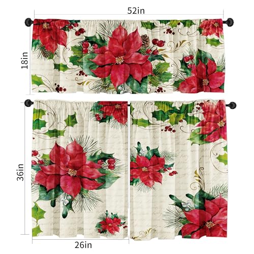 SUNWISHA Poinsettia Christmas Curtain Valances Set Upper Lower Curtains52 L x 18 W 36 L x 26 W Holiday Bedroom Decoration Kitchen Windows Decor 3 Piece Set Red - Image 3