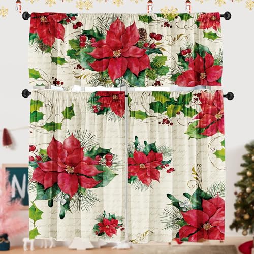 SUNWISHA Poinsettia Christmas Curtain Valances Set Upper Lower Curtains52 L x 18 W 36 L x 26 W Holiday Bedroom Decoration Kitchen Windows Decor 3 Piece Set Red - Image 1