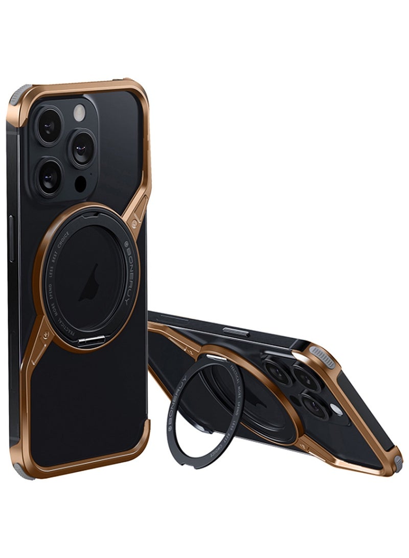 CATANES ( for iPhone 16 Pro Max ) Frameless Magsafe Hard Case Cover Cool Luxury Design Z-shaped Light Metal with 360° Rotation Magnetic O Ring Stand / Desert Titanium Color  - Image 1