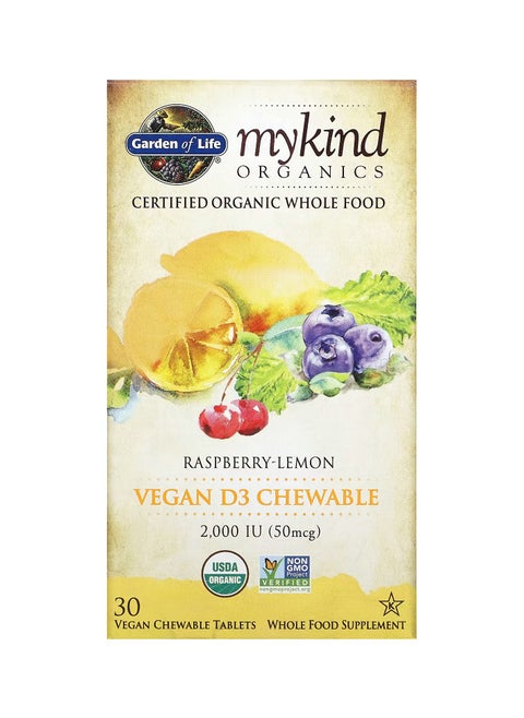 MyKind Organics Vegan D3 Raspberry-Lemon 50 mcg 2,000 IU 30 Vegan Chewable Tablets