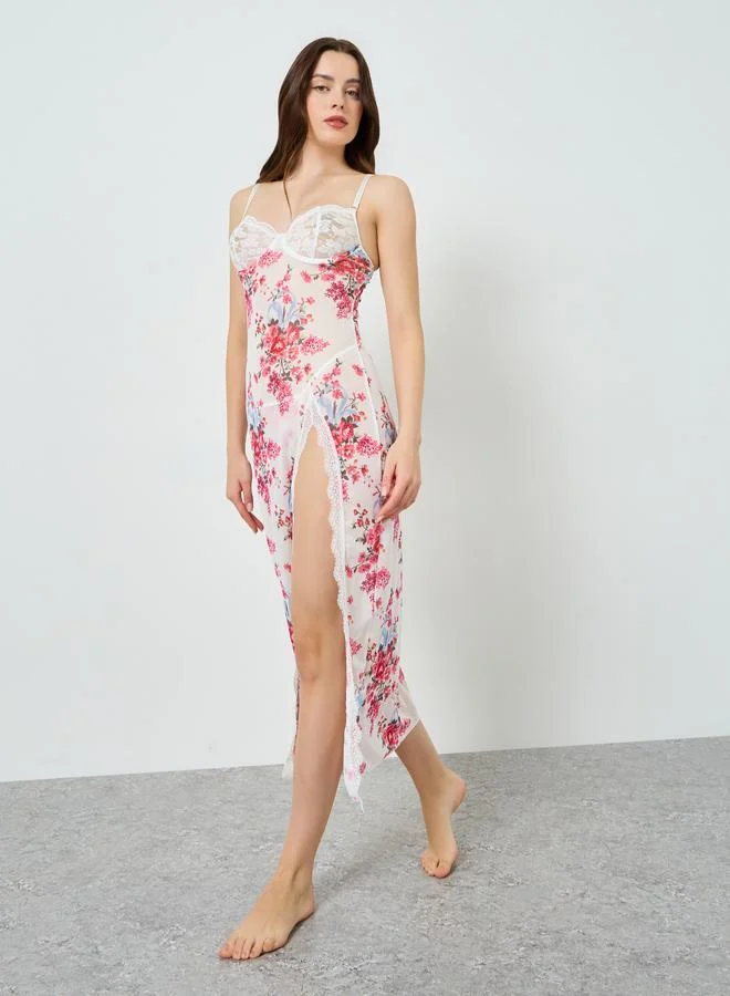 Styli Women Floral Lace Slip Dress with Brief