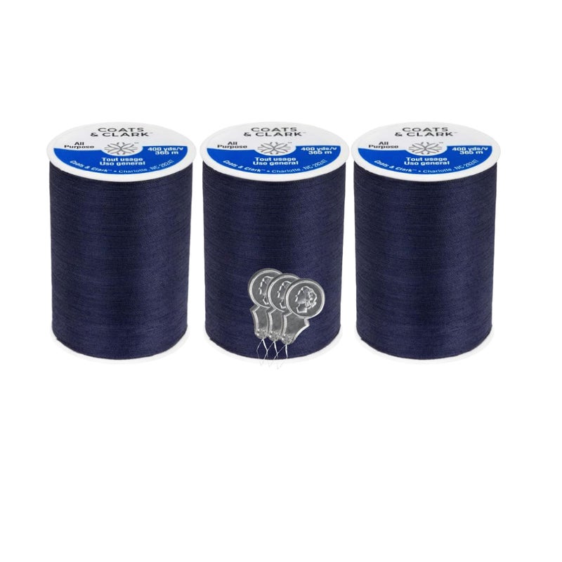 Bella's Crafts Coats Clark Dual Duty All Purpose Sewing Thread 230A 400 Yards Each Spool 3 Pack Bundle with Bellas Crafts Needle Threaders Navy - Image 3