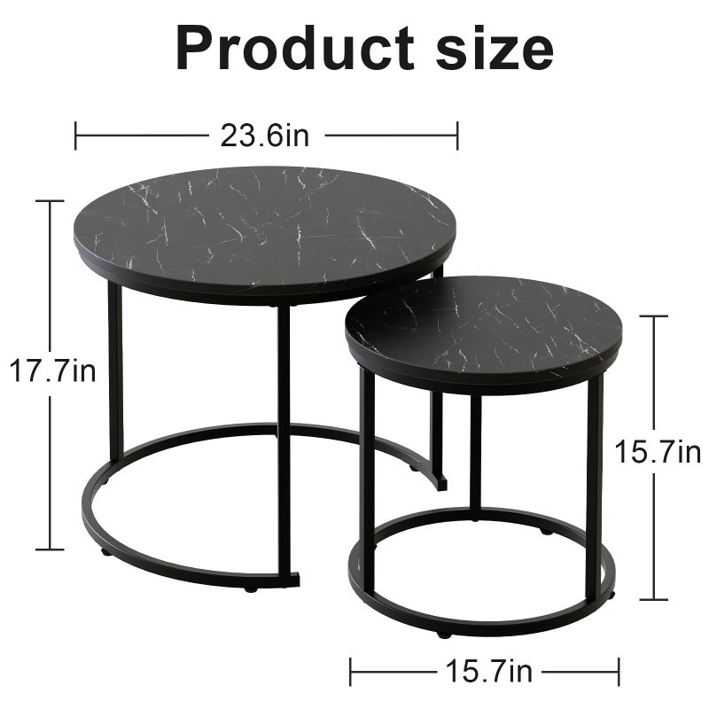 aboxoo Round Nesting Coffee Table Side Set of 2 End Tables for Living Room Bedroom Balcony,Black Faux Marble Wooden Table 23.6IN Accent Large Coffee Table with Steel Frame - Image 2