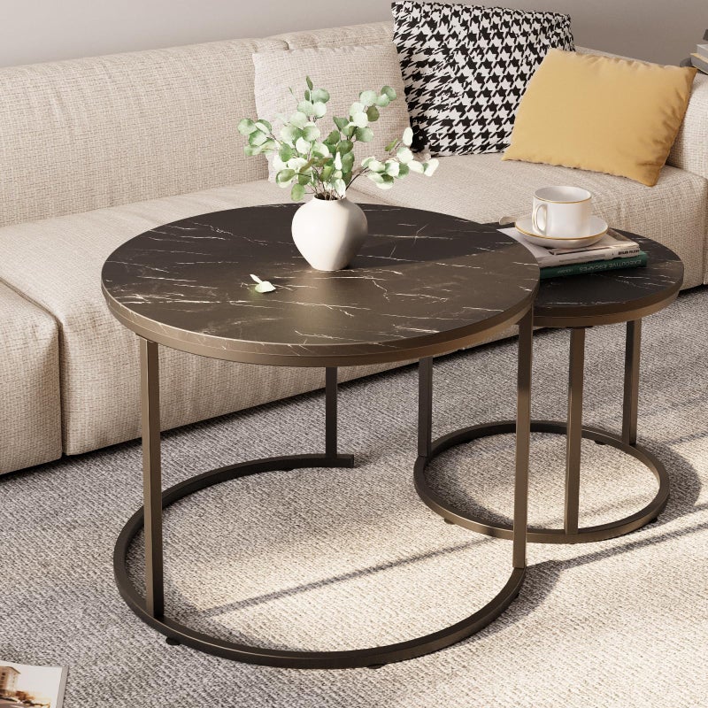 aboxoo Round Nesting Coffee Table Side Set of 2 End Tables for Living Room Bedroom Balcony,Black Faux Marble Wooden Table 23.6IN Accent Large Coffee Table with Steel Frame - Image 3