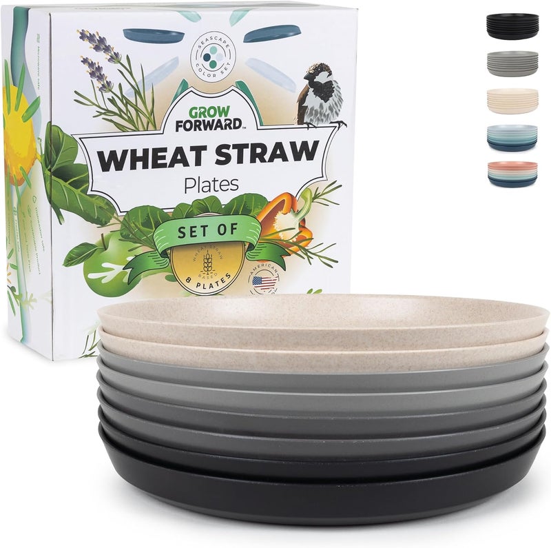 Grow Forward Premium Wheat Straw Plates  10 Inch Reusable Hard Plastic Dinner Plates Set of 8  Unbreakable Microwave Safe Plates for Dessert Camping RV Outdoors Patio Kitchen Dishes  Moonlight - Image 1