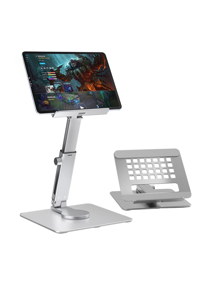 Captaintech Tablet Stand for Desk, Height Adjustable Aluminum for iPad Stand Holder, Foldable 360° Swivel Desktop Tablet Stand Holder Dock for 4 - 13 Tablet (Silver) - Image 1