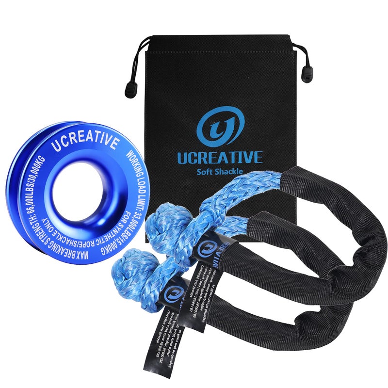 Ucreative Blue Recovery Ring and 2PCS Blue Soft Shackle 12 Inch x 22 Inch kit for Synthetic Winch Rope for ATV UTV SUV Truck OffRoad Vehicle Recovery