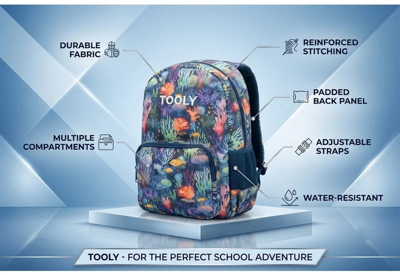TOOLY 4-Piece School Backpack Set – Ocean Coral Design | 44 cm Backpack with Insulated Lunch Bag, Pencil Case & 500ml Water Bottle | Lightweight & Durable Back-to-School Set