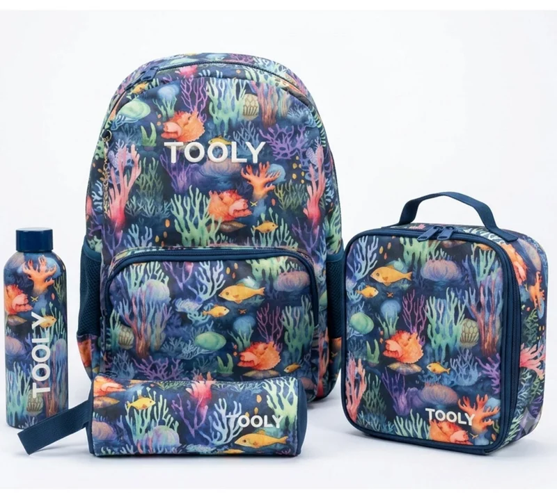 TOOLY 4-Piece School Backpack Set – Ocean Coral Design | 44 cm Backpack with Insulated Lunch Bag, Pencil Case & 500ml Water Bottle | Lightweight & Durable Back-to-School Set