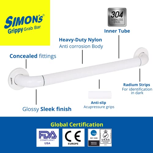 Simon's Grippy Heavy-Duty Nylon and SS304 Inside Bathroom and Toilet Anti Slip Grab bar for Elderly Hand Railing and Safety Handle| White | 3.5 cm Broad, 60 cm Length Grab Rail - 2pcs - Image 3