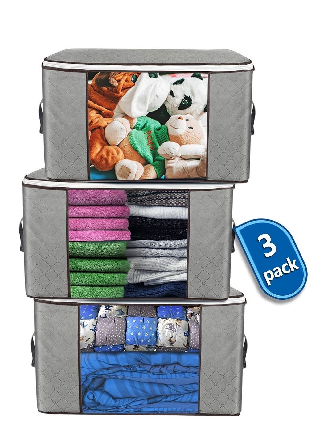 3-Piece Large Capacity Foldable Clothes Storage Bag Organizer with Reinforced Handle Thick Fabric non-woven moving and dust-proof moisture-proof 90L