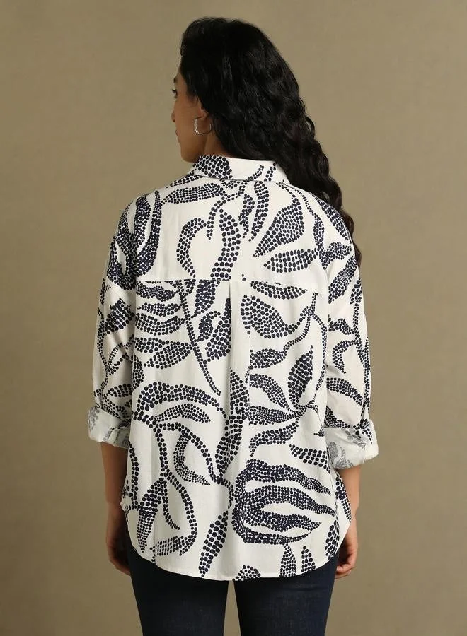 دينيس لينغو قميص نسائي أزرق مطبوع بقصة واسعة وعصري