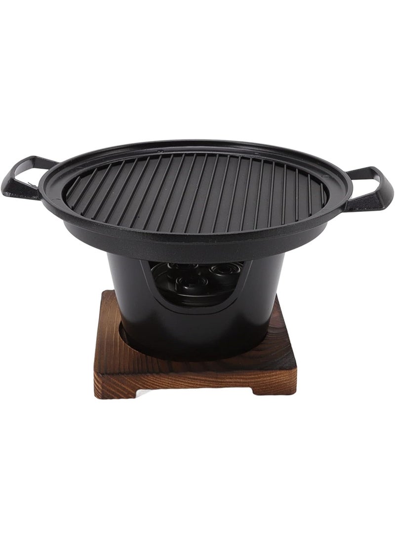 شواية فحم، شواية فحم محمولة 10.2 بوصة، شواية هيباشي يابانية بقاعدة خشبية، شواية طاولة محمولة من الحديد الزهر عديمة الدخان - Image 1