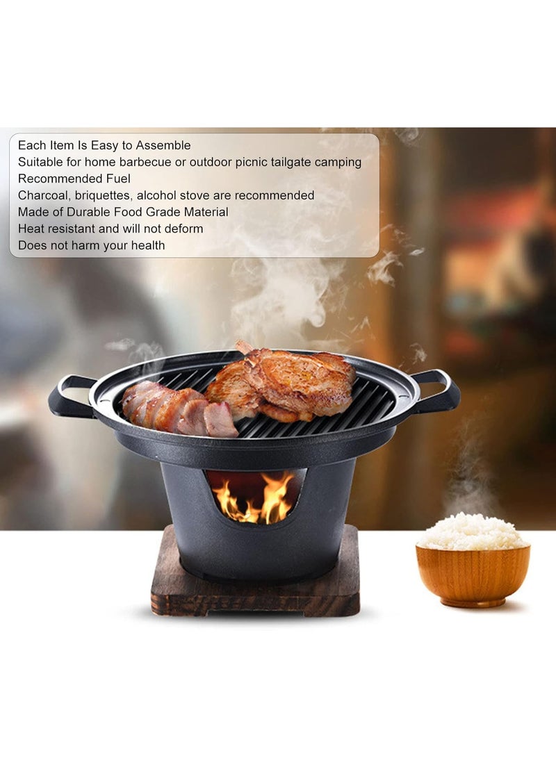 شواية فحم، شواية فحم محمولة 10.2 بوصة، شواية هيباشي يابانية بقاعدة خشبية، شواية طاولة محمولة من الحديد الزهر عديمة الدخان - Image 2