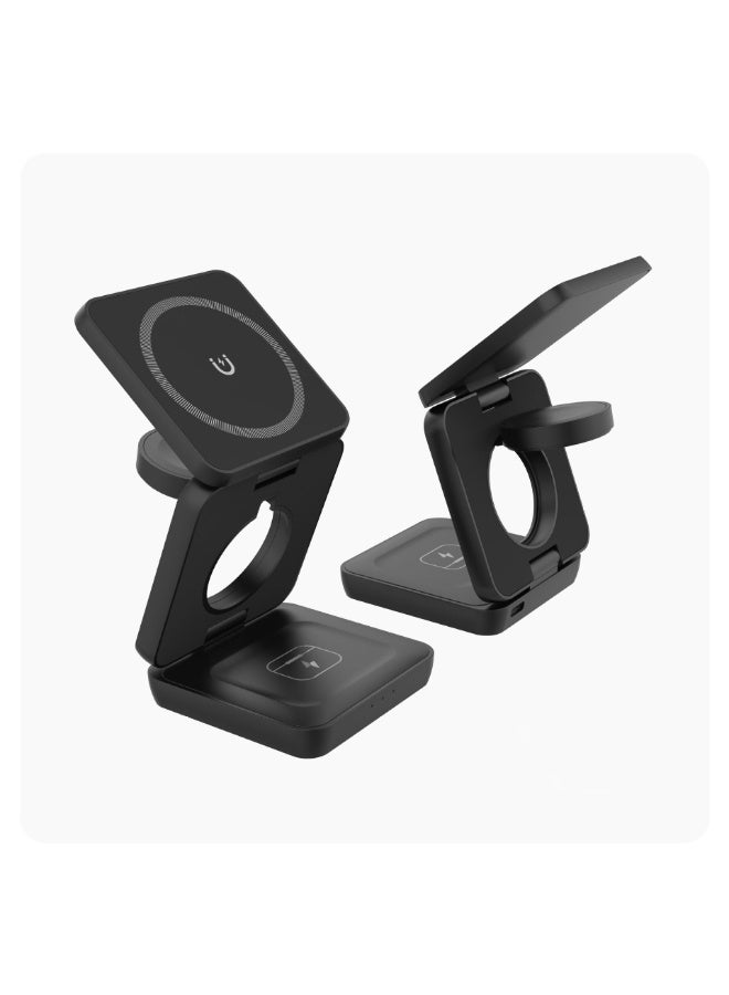 3-in-1 Magnetic Wireless Charger, Foldable Fast Charging Stand for iPhone 17/16/15/14, Iwatch Ultra/Series 10/9/8 & AirPods, Portable Retractable Cable Charging Station (Black, 15w) - Image 4