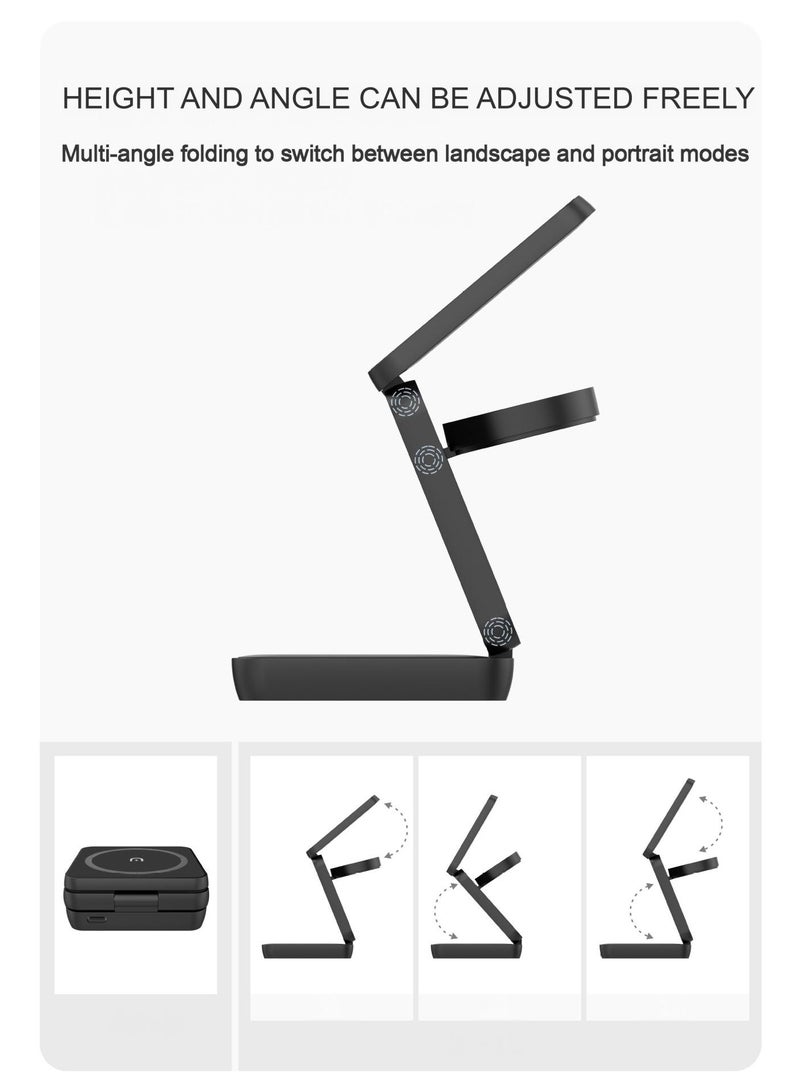 3-in-1 Magnetic Wireless Charger, Foldable Fast Charging Stand for iPhone 17/16/15/14, Iwatch Ultra/Series 10/9/8 & AirPods, Portable Retractable Cable Charging Station (Black, 15w) - Image 2