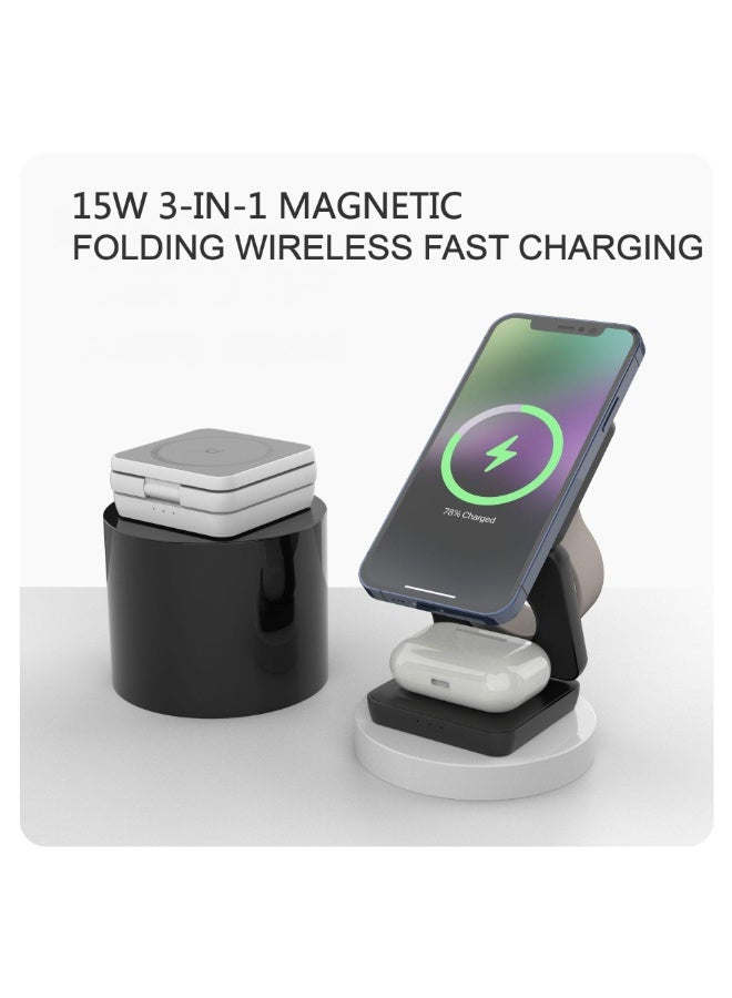 3-in-1 Magnetic Wireless Charger, Foldable Fast Charging Stand for iPhone 17/16/15/14, Iwatch Ultra/Series 10/9/8 & AirPods, Portable Retractable Cable Charging Station (Black, 15w) - Image 1