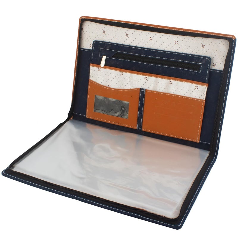 Asraw Professional PU Leather Multipurpose B4 Size Document Holder 20 Leafs Zipper File Folder Organizer for Certificates, Marksheets, Degrees, Interview Portfolio, Important Documents (Brown-Blue) - Image 2