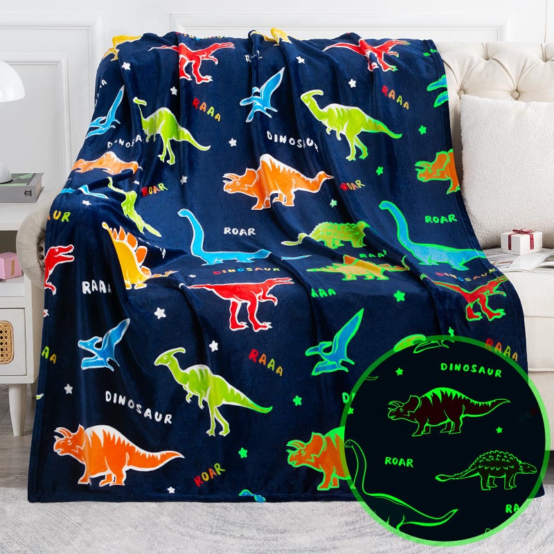 Jekeno Dinosaur Glow in The Dark Blanket Dino Gift Throw for Kids Boys Girls Birthday Christmas Halloween Easter Decor for Age 116 Years Old Teens Child Toddler Son Throw Navy Blue 50x60