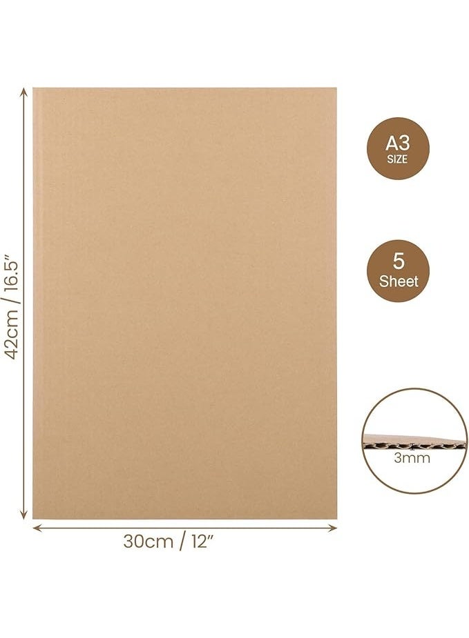 كرافت ماجيك عبوة من 5 ورقات كرتون مموج بني مقاس A3 بسماكة 3 ملم | ألواح بنية مزدوجة للعبوات، البريد، دعم الصور، الحرف اليدوية والمشاريع الفنية - Image 1