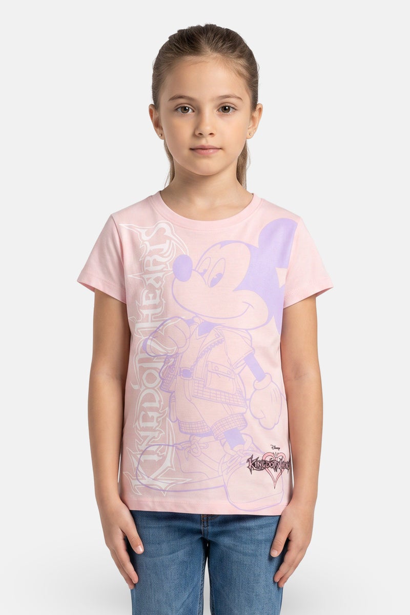 Disney Kids Girl Crew Neck Short Sleeve Kingdom Hearts Print T-Shirt, Pink - Image 1