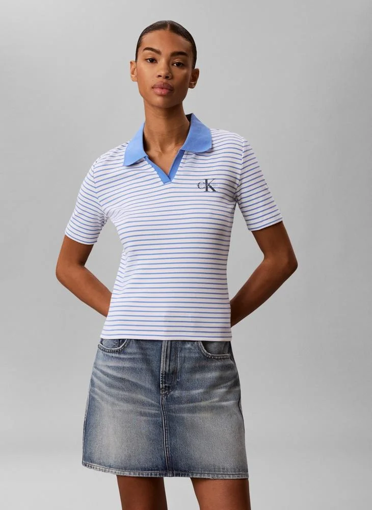 Ribbed Stripe Open Placket Polo Shirt