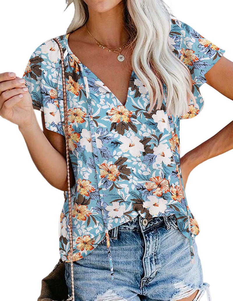 SimpleFun Hawaiian Shirts for Women Summer Casual Flowy Short Sleeve Boho Floral Blouses (Floral10,L) - Image 1
