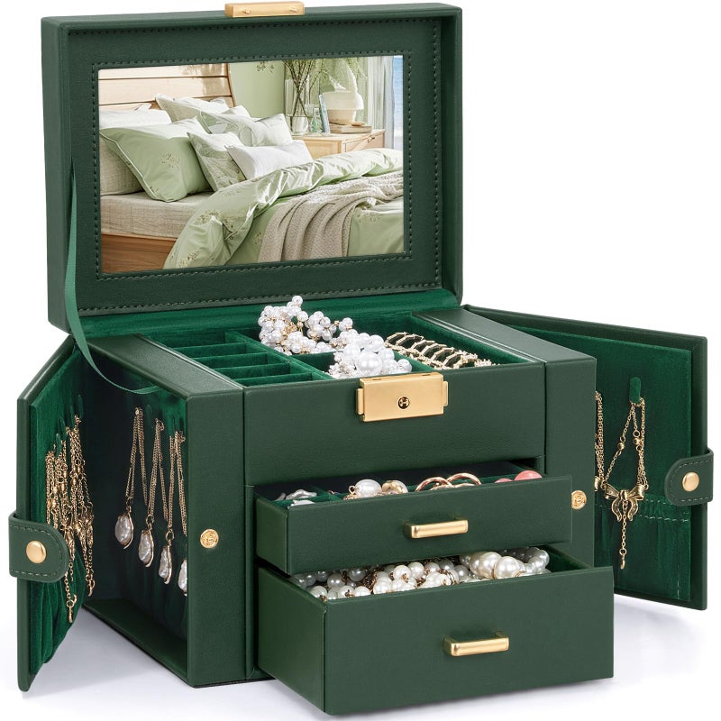 TORIBIO Jewelry Box for Women, Leather Jewelry Organizer with Mirror & Lock, 3-Tier Jewelry Storage Organizer with 2 Drawers for Girls/Women/Mothers, Necklace Earring Bracelets Holder Organizer - Image 1