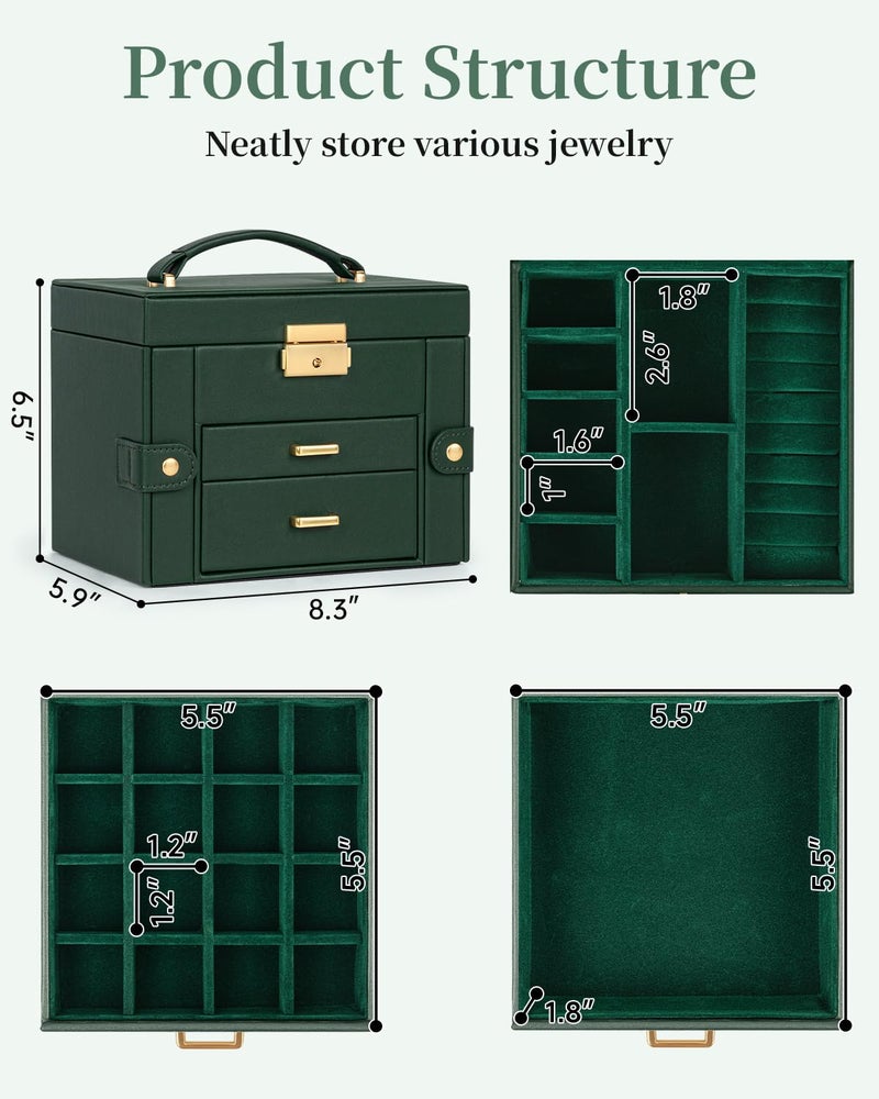 TORIBIO Jewelry Box for Women, Leather Jewelry Organizer with Mirror & Lock, 3-Tier Jewelry Storage Organizer with 2 Drawers for Girls/Women/Mothers, Necklace Earring Bracelets Holder Organizer - Image 2