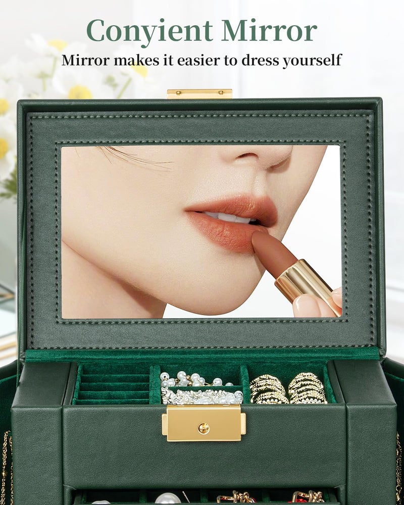 TORIBIO Jewelry Box for Women, Leather Jewelry Organizer with Mirror & Lock, 3-Tier Jewelry Storage Organizer with 2 Drawers for Girls/Women/Mothers, Necklace Earring Bracelets Holder Organizer - Image 5