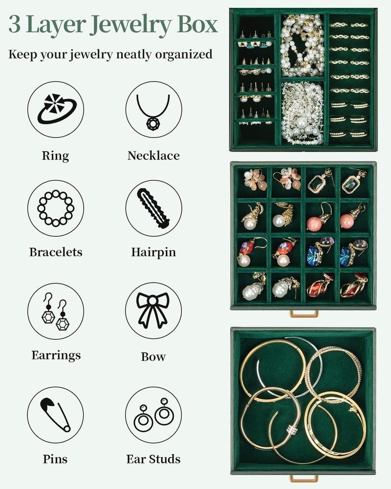 TORIBIO Jewelry Box for Women, Leather Jewelry Organizer with Mirror & Lock, 3-Tier Jewelry Storage Organizer with 2 Drawers for Girls/Women/Mothers, Necklace Earring Bracelets Holder Organizer - Image 4