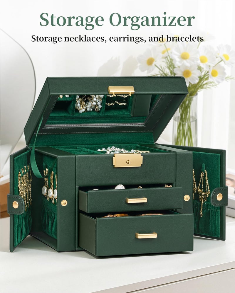 TORIBIO Jewelry Box for Women, Leather Jewelry Organizer with Mirror & Lock, 3-Tier Jewelry Storage Organizer with 2 Drawers for Girls/Women/Mothers, Necklace Earring Bracelets Holder Organizer - Image 3