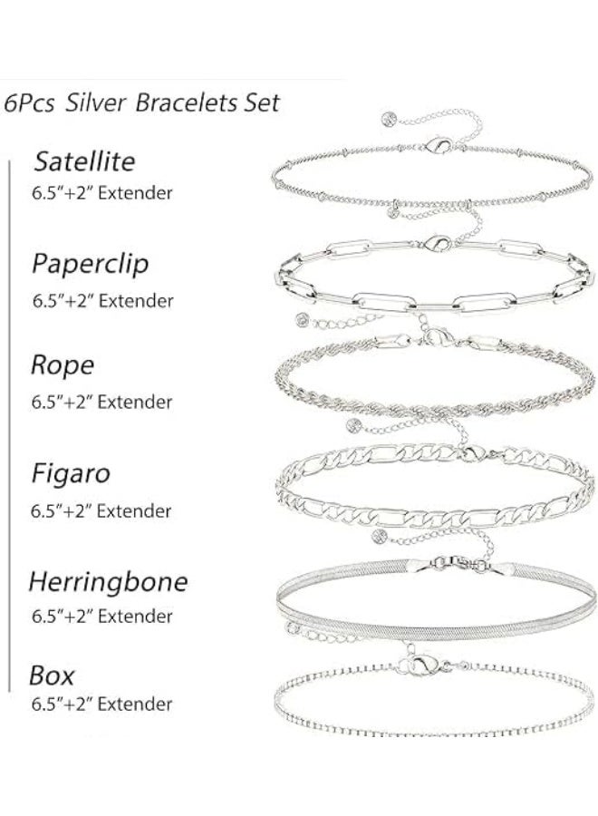 م اكس م طقم أساور فضي للنساء، طقم مجوهرات من الفضة الإسترلينية للنساء، أساور للنساء، صندوق مشبك ورق، سلسلة حبل فيجارو متعرجة، مجموعة هدايا أزياء، هدية مجوهرات أزياء (حزمة ب) - Image 3