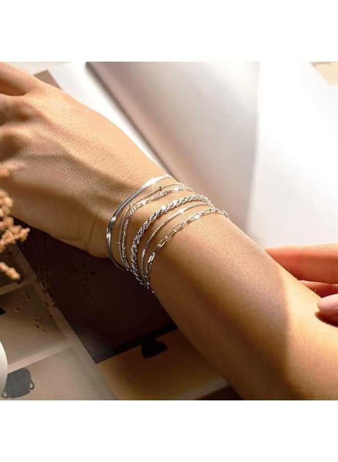 م اكس م طقم أساور فضي للنساء، طقم مجوهرات من الفضة الإسترلينية للنساء، أساور للنساء، صندوق مشبك ورق، سلسلة حبل فيجارو متعرجة، مجموعة هدايا أزياء، هدية مجوهرات أزياء (حزمة ب) - Image 5