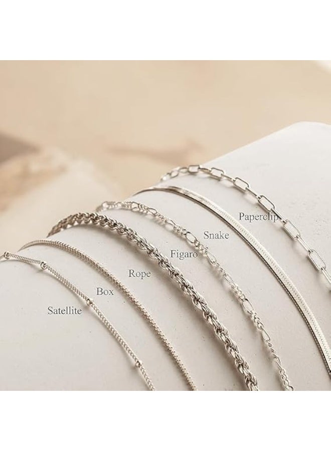 م اكس م طقم أساور فضي للنساء، طقم مجوهرات من الفضة الإسترلينية للنساء، أساور للنساء، صندوق مشبك ورق، سلسلة حبل فيجارو متعرجة، مجموعة هدايا أزياء، هدية مجوهرات أزياء (حزمة ب) - Image 2