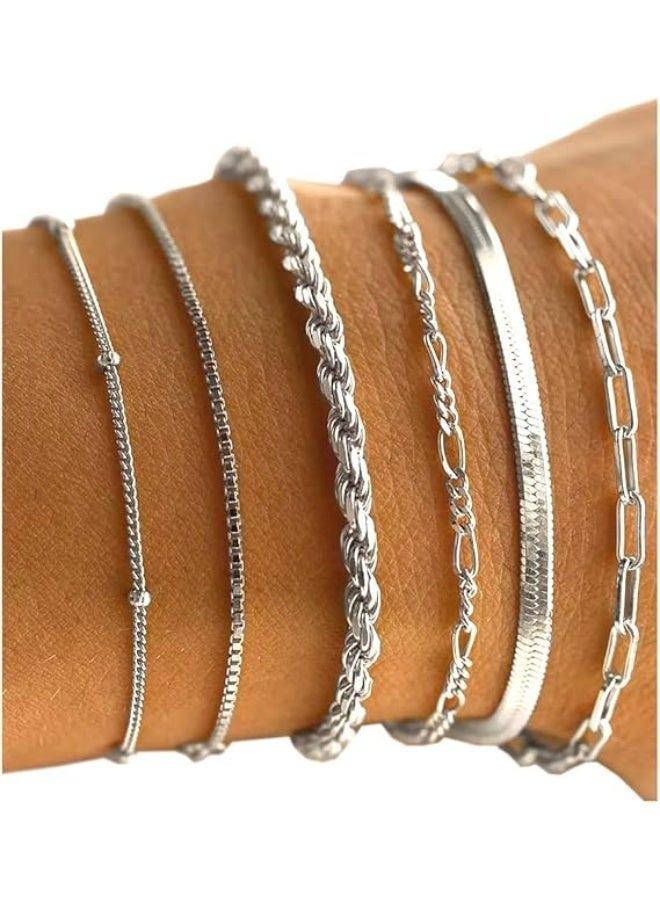 م اكس م طقم أساور فضي للنساء، طقم مجوهرات من الفضة الإسترلينية للنساء، أساور للنساء، صندوق مشبك ورق، سلسلة حبل فيجارو متعرجة، مجموعة هدايا أزياء، هدية مجوهرات أزياء (حزمة ب) - Image 1