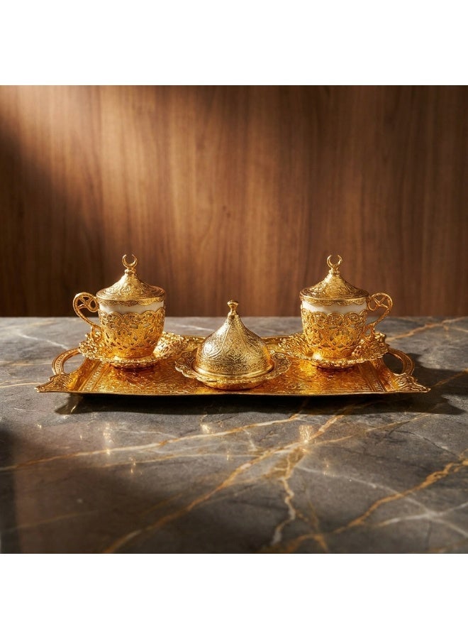 Acar Luxury 2-Person Turkish Coffee Set in Elegant Ottoman Style with Saucers, Holders, Cup Covers, Tray & Covered Sweet Dish – Magical Gold Finish – Made in Turkey - Image 1