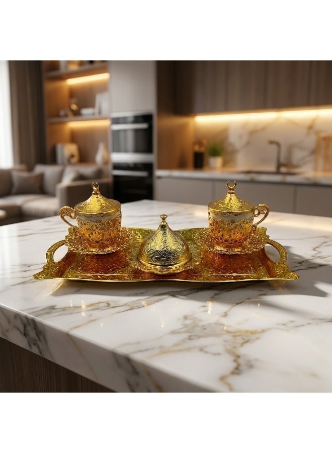 Acar Luxury 2-Person Turkish Coffee Set in Elegant Ottoman Style with Saucers, Holders, Cup Covers, Tray & Covered Sweet Dish – Magical Gold Finish – Made in Turkey - Image 3
