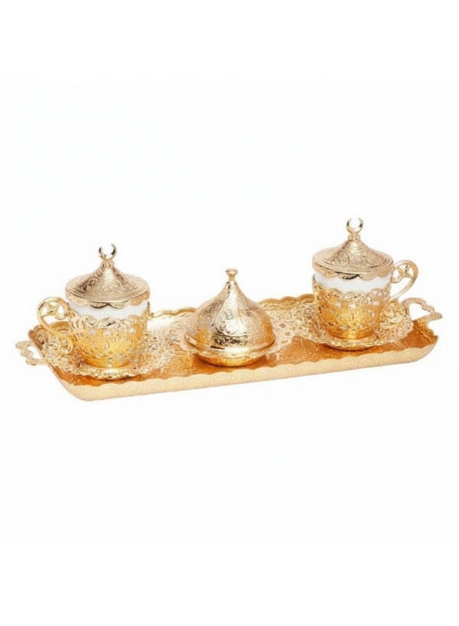 Acar Luxury 2-Person Turkish Coffee Set in Elegant Ottoman Style with Saucers, Holders, Cup Covers, Tray & Covered Sweet Dish – Magical Gold Finish – Made in Turkey - Image 5