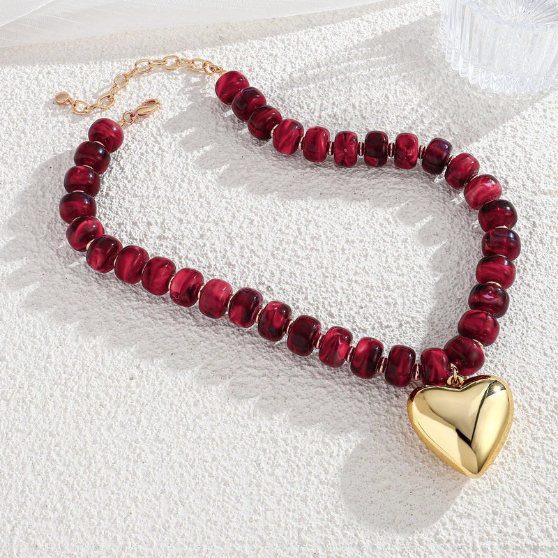 WOWORAMA Red Chunky Beaded Necklaces for Women Wine-Red Resin Beads Heart Necklace Trendy Chunky Puffy Heart Necklace Boho Statement Choker Necklaces Jewelry - Image 5