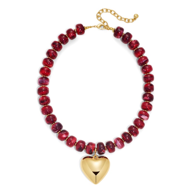 WOWORAMA Red Chunky Beaded Necklaces for Women Wine-Red Resin Beads Heart Necklace Trendy Chunky Puffy Heart Necklace Boho Statement Choker Necklaces Jewelry - Image 1