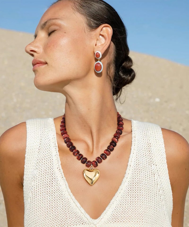 WOWORAMA Red Chunky Beaded Necklaces for Women Wine-Red Resin Beads Heart Necklace Trendy Chunky Puffy Heart Necklace Boho Statement Choker Necklaces Jewelry - Image 2