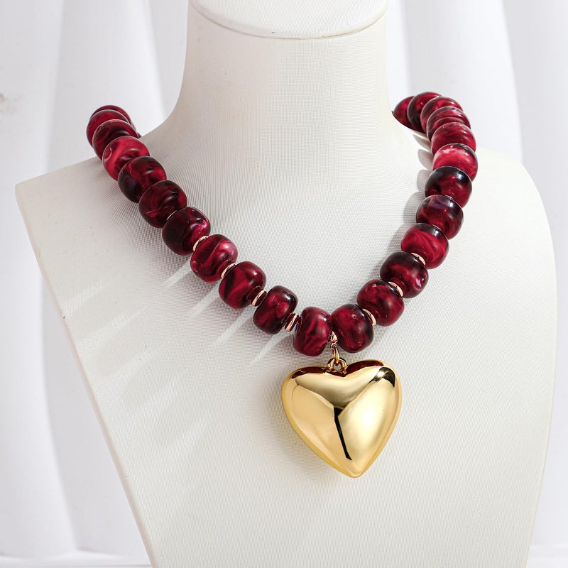 WOWORAMA Red Chunky Beaded Necklaces for Women Wine-Red Resin Beads Heart Necklace Trendy Chunky Puffy Heart Necklace Boho Statement Choker Necklaces Jewelry - Image 3