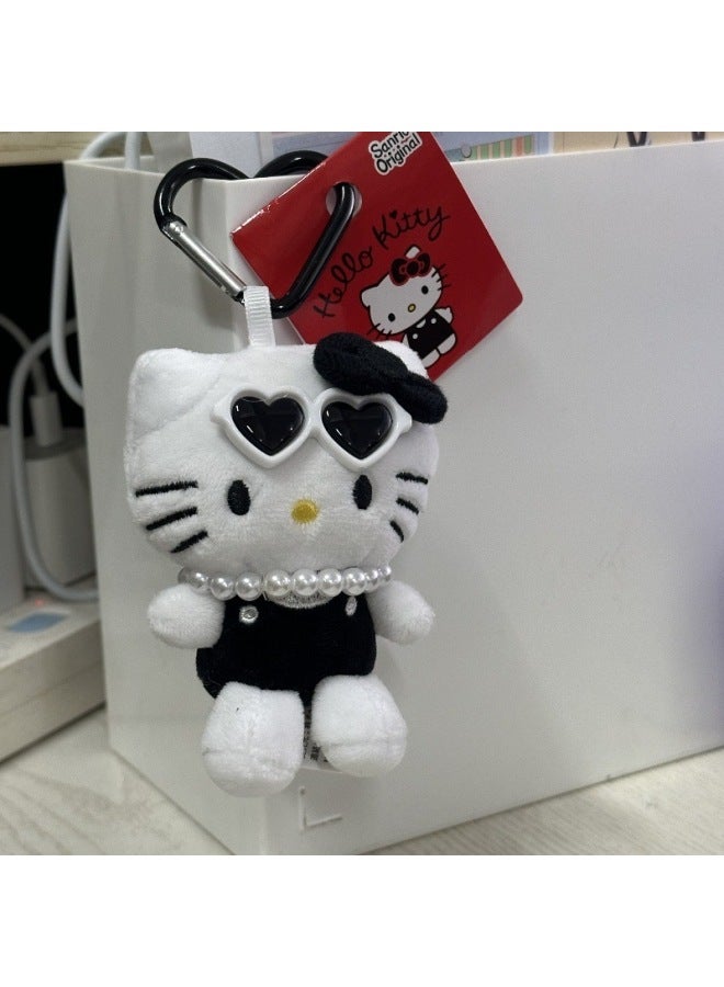 Chanel Style Hellokitty Cat Pendant Doll Plush Schoolbag Doll Cute Bag Pendant Kitty Keychain-Specifications:Black Kt + Pearl Necklace + Sunglasses [with Tag] - Image 1