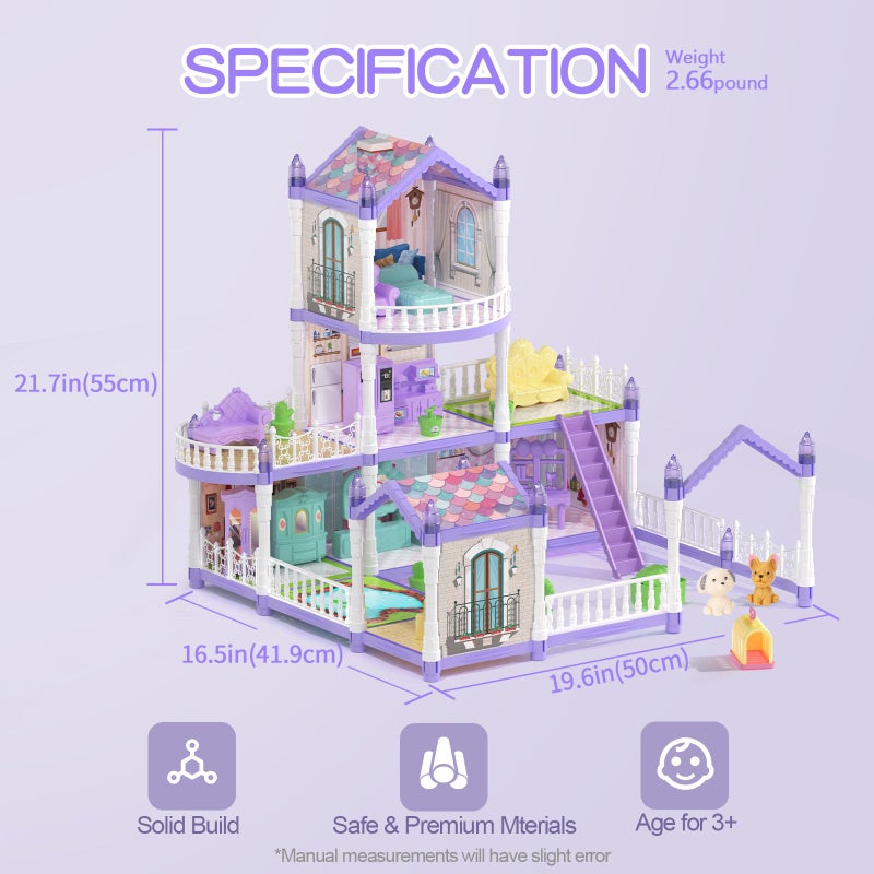 Randhar Lilac Purple Doll House for Girls, Dream Dollhouse 9 Rooms with 2 Dolls, Lights, Animals, Furniture and Accessories, Pretend-Play Toddler Playhouse Gift 3 4 5 6 7 8 9 10+ Year Old Girls Toys - Image 2