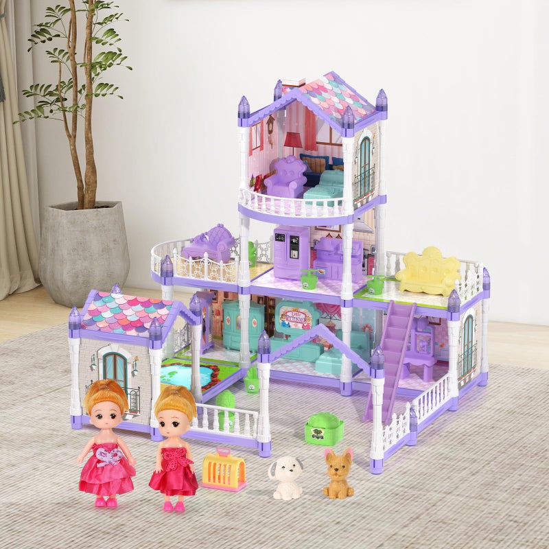 Randhar Lilac Purple Doll House for Girls, Dream Dollhouse 9 Rooms with 2 Dolls, Lights, Animals, Furniture and Accessories, Pretend-Play Toddler Playhouse Gift 3 4 5 6 7 8 9 10+ Year Old Girls Toys - Image 3