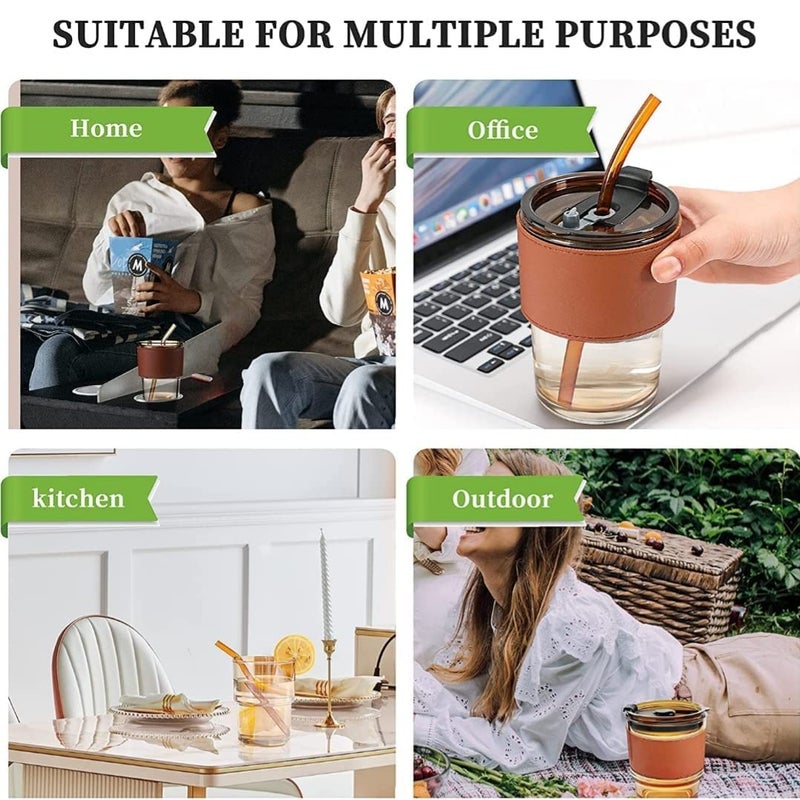 JIRLY Iced Coffee Cup 15oz450ml Glass Tumbler with Lid Straw and Leather Sleeve Ideal for Home Office Travel - Image 4