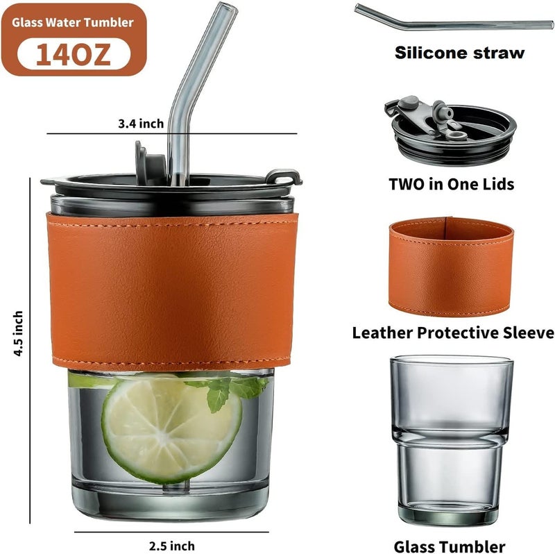 JIRLY Iced Coffee Cup 15oz450ml Glass Tumbler with Lid Straw and Leather Sleeve Ideal for Home Office Travel - Image 5