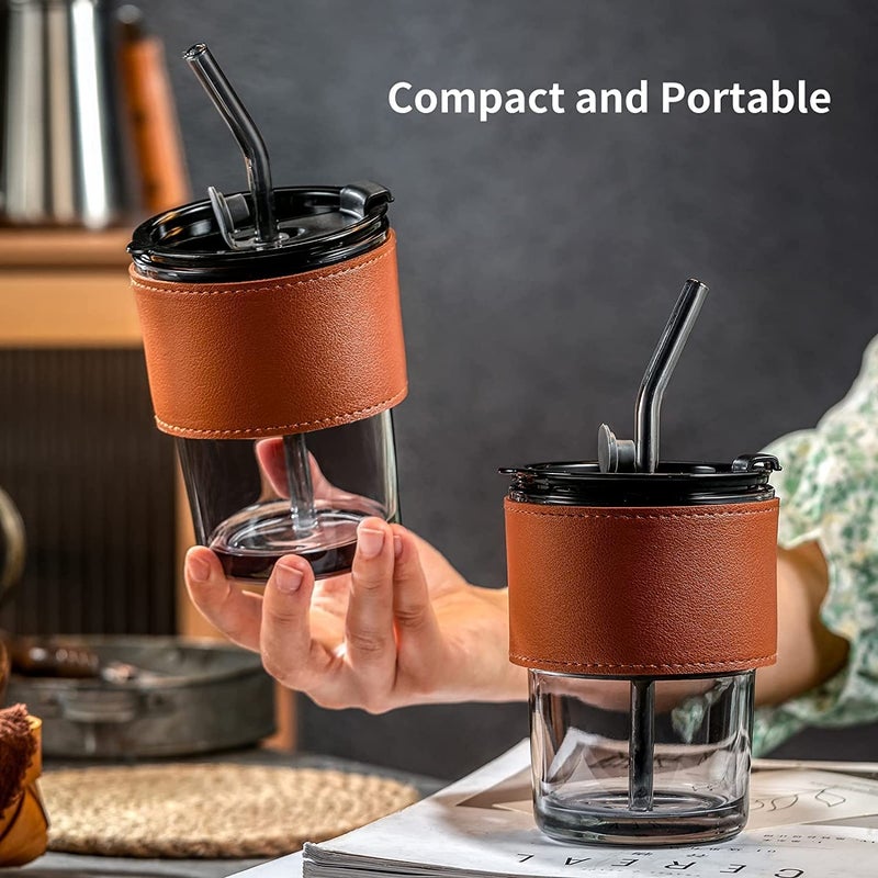 JIRLY Iced Coffee Cup 15oz450ml Glass Tumbler with Lid Straw and Leather Sleeve Ideal for Home Office Travel - Image 2